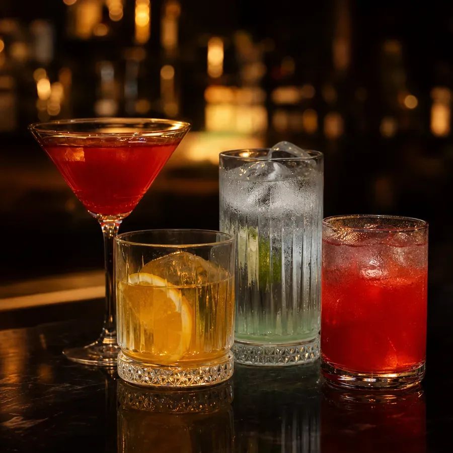 Drinks coloridos servidos em taças e copos de vidro