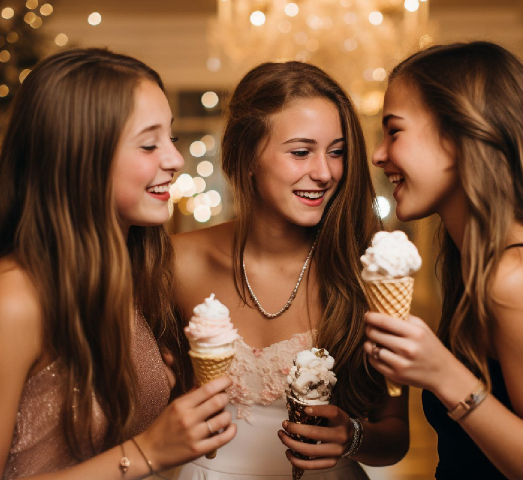 Amigas rindo juntas com casquinhas de sorvete na festa