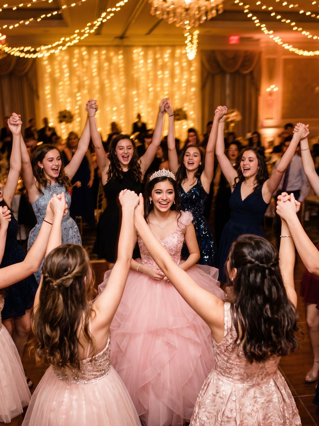 Rodinha de amigas em volta da debutante na pista