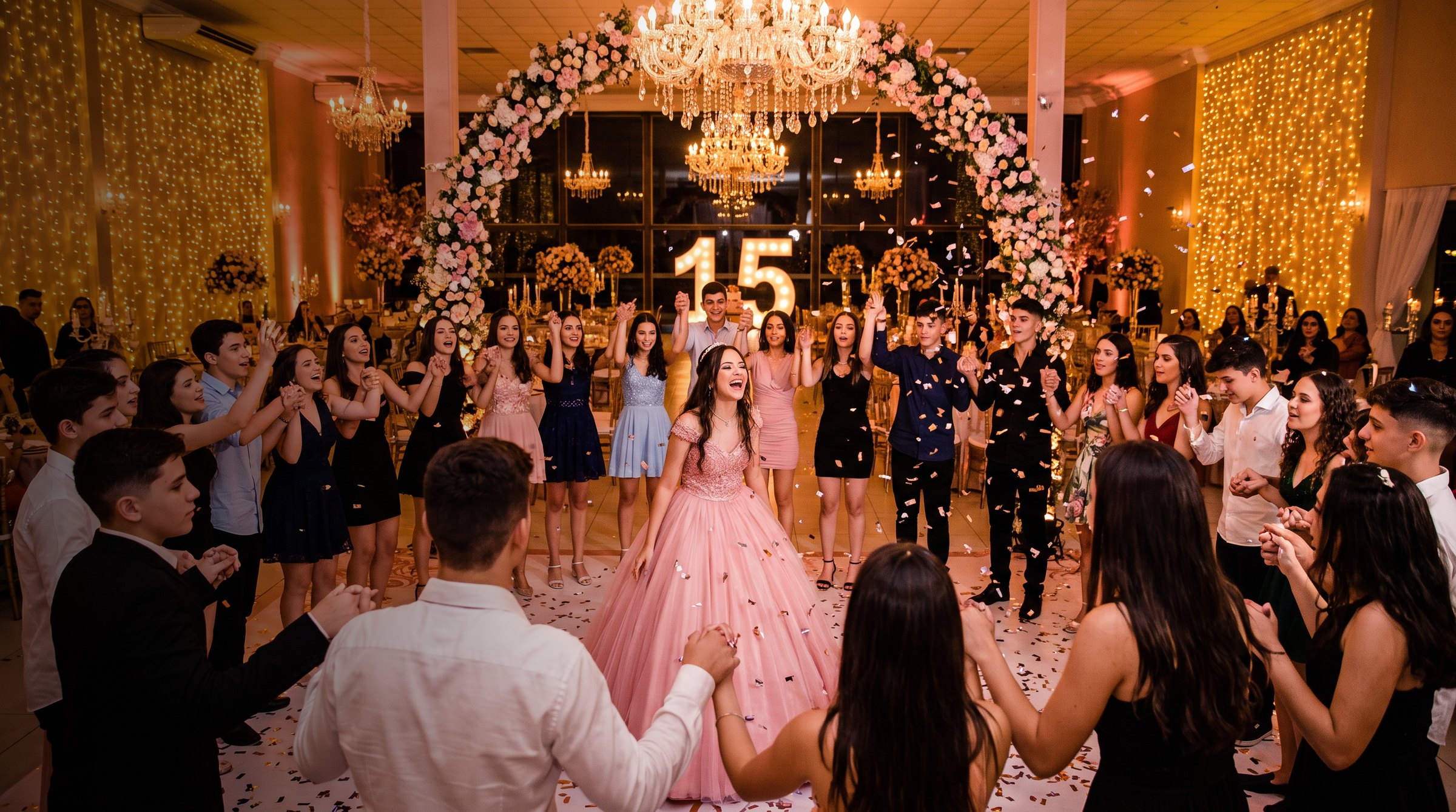 Debutante no meio da rodinha de amigos na pista
