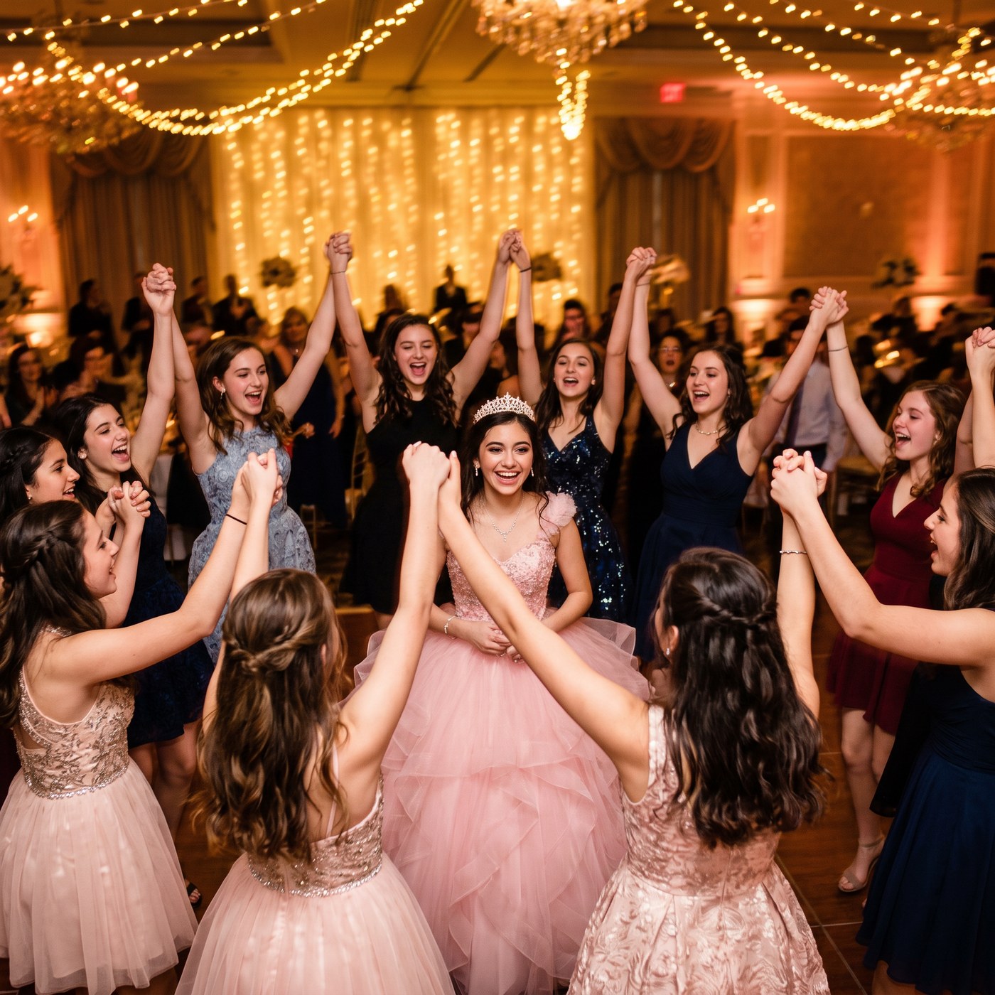 Rodinha de amigas em volta da debutante na pista